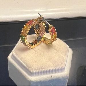 Gorgeous gold plated 14kt multicolor inside out baguette crystal hoops